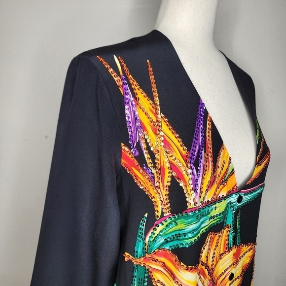 Diane Gilman Black Silk Floral Button Down Tunic Top Size Small - Picture 7 of 10